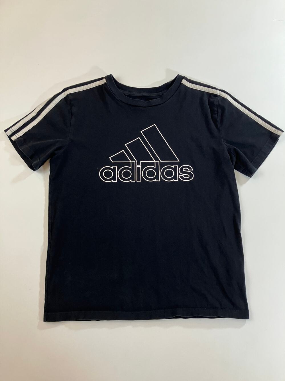 Adidas Boys M 10/12 Black 3 Stripe Logo T Shirt Short Sleeve 100% Cotton